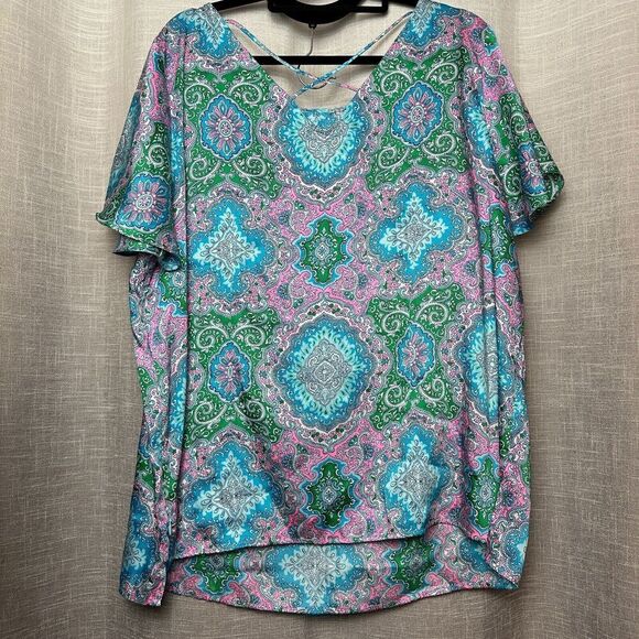 2/$30 Talbots Tunic Top Blouse Size 2X Colorful Boho Western Resortwear Satin - Picture 10 of 10